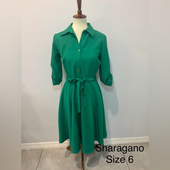 sharagano green dress | Dresses | Sharagano Long Sleeve Belted Midi dress